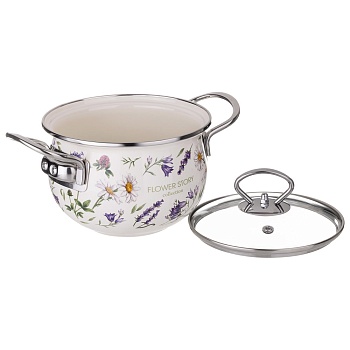 КАСТРЮЛЯ AGNESS ЭМАЛИРОВАННАЯ СО СТЕКЛЯННОЙ КРЫШКОЙ СЕРИЯ "FLOWER STORY", 1,5 Л ДИА. 16СМ